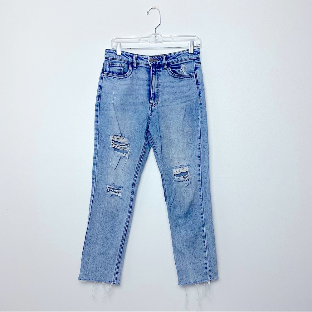 High rise mom jeans ripped | light natural wash blue | 99% cotton | straight leg